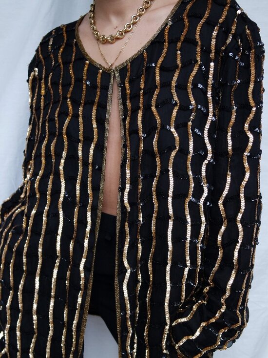 Vintage Jackets & Blazers - Vintage 1990s Nite Line Maximalist Black + Gold Silk Sequin Top Women’s Medium